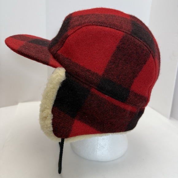 VTG Filson Wool Mackinaw Trapper Hat XXL Red Buffalo Plaid Shearling Lined USA - Picture 1 of 14